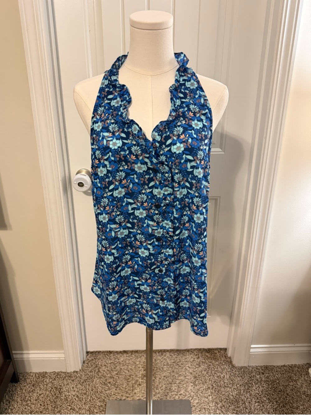 CAbi Blue Floral Ruffle Halter Blouse